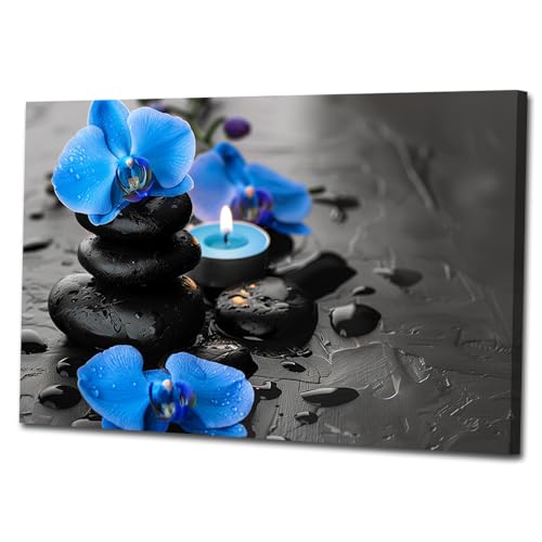 Zen Canvas Wall Art Blue Lotus Massage Stone Picture Wall Art Meditation Spirit Painting Prints Spa Yoga Room Decor Framed(Zen-1,32x48inch (80x120cm)) - color: Zen-1, size: 32x48inch (80x120cm)