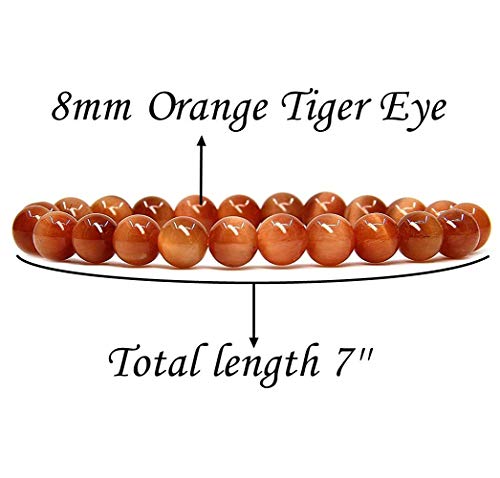 Angelstones Handmade Natural Healing Gemstone 8mm Round Beads Stretch Crystal Bracelet 7 Inch Unisex - color: Orange Tiger Eye