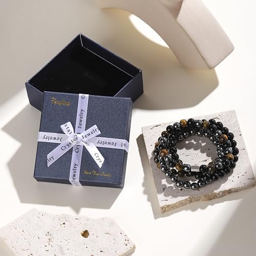 Fengling 4 PCS Beaded Crystal Bracelet for Women 8mm Natural Gemstones Handmade Bracelet for Girls Healing Stretch Bracelets Crystal Jewelry for Women Gifts - color: Tiger Eye&Black Obsidian&Hematite