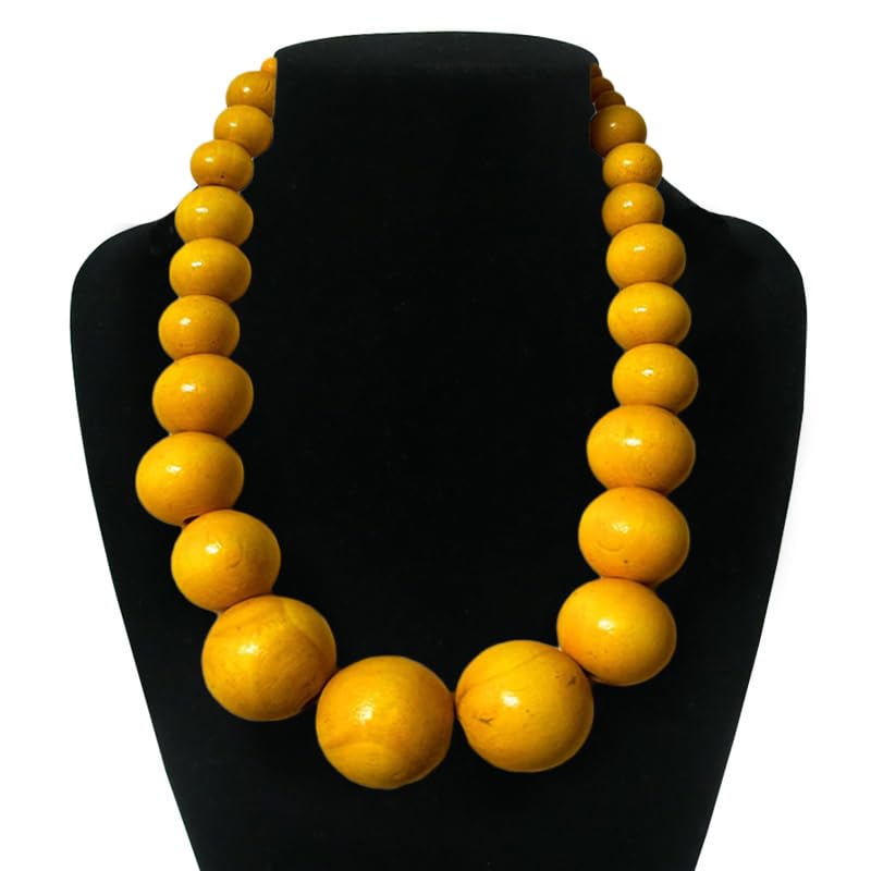 COLORFUL BLING Ethnic Natural Wood Beads Necklace for Men Women Africa Wooden Chain Chunky Strand Necklace Statement Hip Hop Jewelry - color: yellow short