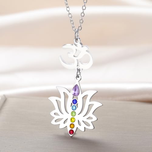 VASSAGO Lotus Flower Chakra Necklace for Women Lotus Flower Necklace 7 Chakra Pendant OM Symbol Buddha Amulet Spiritual Healing Jewelry Yoga Meditation Gift - color: Silver 2