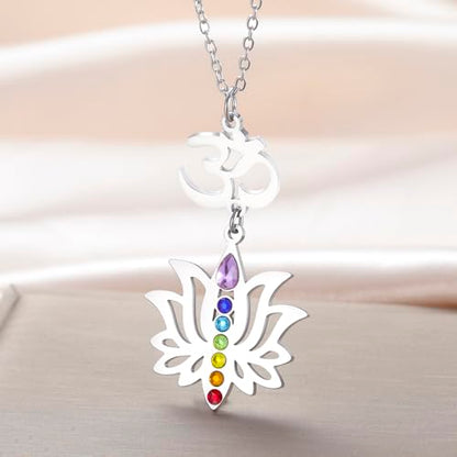 VASSAGO Lotus Flower Chakra Necklace for Women Lotus Flower Necklace 7 Chakra Pendant OM Symbol Buddha Amulet Spiritual Healing Jewelry Yoga Meditation Gift - color: Silver 2