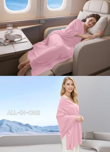 Women's Wool Blend Travel Scarf Lightweight Breathable Wrap Pashmina Airplane Blanket Shawl - color: Pink