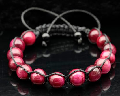 ElisaJewelryArt - Natural Black Onyx Beaded Bracelet Genuine Gemstone Strenght Crystal Macrame Bracelet Unisex Bracelet - color: Pink Tiger Eye, size: WOMEN
