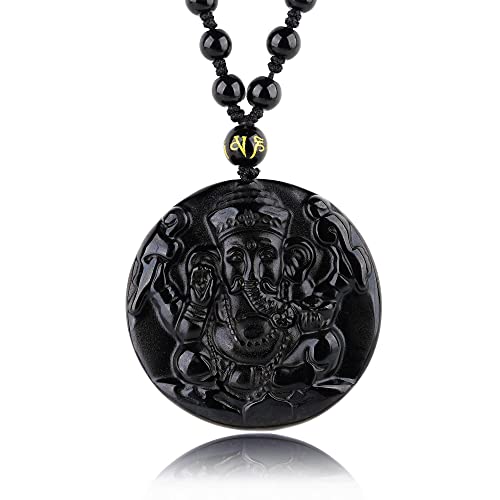 Black Obsidian Necklace Natural Crystal Amulet Protection Pendant with Adjustable Rope Lucky Talisman Necklaces Jewelry Gift for Men Women - color: Ganesha A