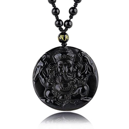 Black Obsidian Necklace Natural Crystal Amulet Protection Pendant with Adjustable Rope Lucky Talisman Necklaces Jewelry Gift for Men Women - color: Ganesha A