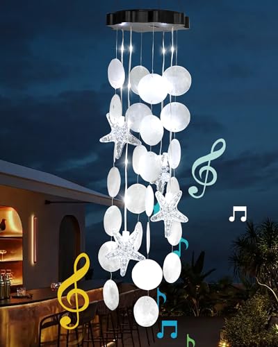 Solar Wind Chimes Decorative Lights for Outside, Shells Gifts for Mom Grandma Women Wife Girls, Hanging Solar Light for Holiday Garden Yard Window (White) - size: White