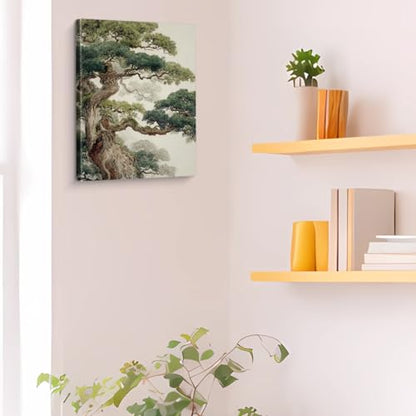 Ancient Pine Tree Wall Art Decor Japanese Nature Poster Painting Zen Botanical Wall Decor for Home Bedroom Living Room 8x10 Inch Canvas Framed