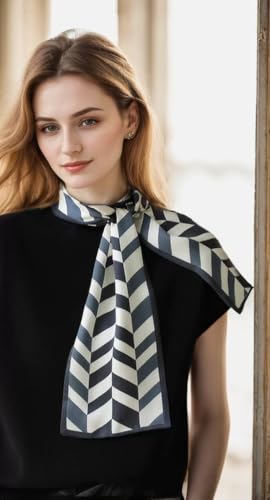 100% Silk Scarf for Women 59”*6.3” Long Shawls for Headscarf and Neck- Oblong Hair Wraps with Gift Packed - color: White&blue Geometry