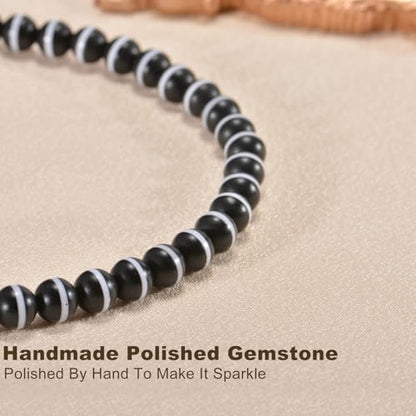 14in Agate Wrap Bracelet for Women Men Natural Round Beaded Agates Stone Healing Stretch Bracelets Elastic Handmade Polished Gemstone Beads Bracelet - color: Black White-2 Agate, size: 8mm Beads