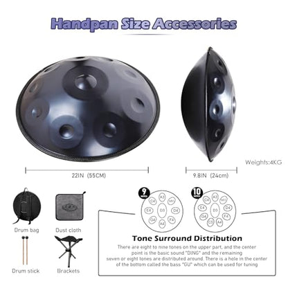 Handpan 22 Inches Drum Set, 440Hz 12 Notes Hand Drum Instrument, Premium Steel Hand Drum, Includes Carrying Case, Drumsticks, Spiral Wraps, Instruction Guide (22 Inches -10 Note -Blue) - size: 22 Inches - 10 Notes - Blue