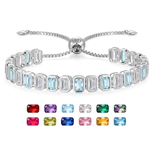 Birthstone Bracelets for Women, Sterling Silver Tennis Bracelets Emerald Cut Bezel Set with Adjustable Chain, Elegant Anniversary, Birthday or Valentine's Day Gift - color: 03-Mar-Aquamarine