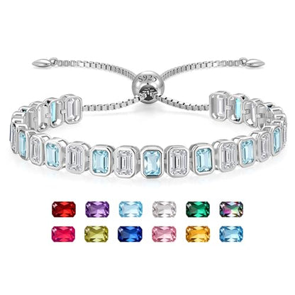 Birthstone Bracelets for Women, Sterling Silver Tennis Bracelets Emerald Cut Bezel Set with Adjustable Chain, Elegant Anniversary, Birthday or Valentine's Day Gift - color: 03-Mar-Aquamarine