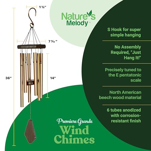 Nature’s Melody Premiere Grande Tunes Wind Chimes – Outdoor Windchime with 6 Tubes Tuned to E Pentatonic Scale, Rustproof Aluminum, Beech Wood & S Hook Hanger for Sympathy, Memorial Gift or Zen Garden