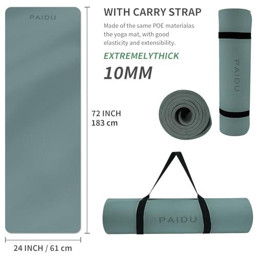 PAIDU Yoga Mat Non Slip Anti-tear,extra thick-2/5 inch（10MM）High Resiliency Professional POE Yoga Mats for Women Men Kids,72"x24"inch,Workout, Yoga, Pilates and Floor Exercise, with Carrier Strap - color: Deep green+Gray.