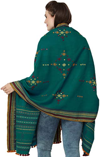 Exotic India Shawl from Kutch with Embroidered Bootis and Mirrors - Wool - color: Everglade