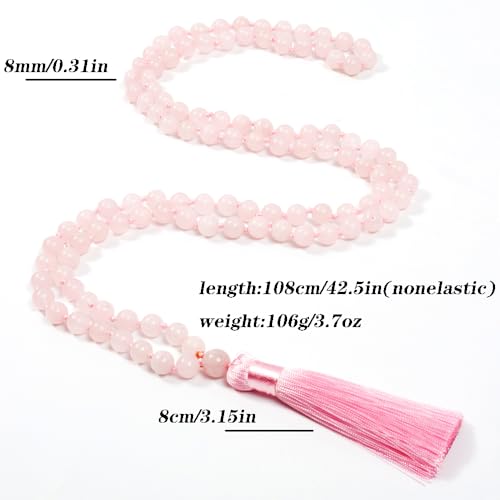 8mm Natural Stone 108 Mala Beads Necklace for Men and Women - color: Rose Quartz
