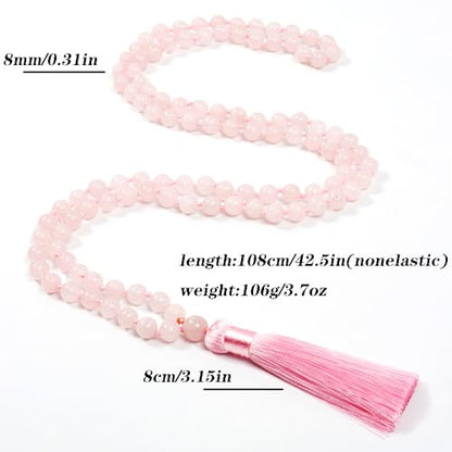 8mm Natural Stone 108 Mala Beads Necklace for Men and Women - color: Rose Quartz