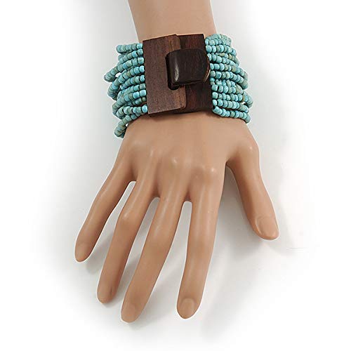 Avalaya Dusty Light Blue Glass Bead Multistrand Flex Bracelet With Wooden Closure - 19cm L