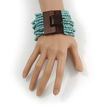 Avalaya Dusty Light Blue Glass Bead Multistrand Flex Bracelet With Wooden Closure - 19cm L
