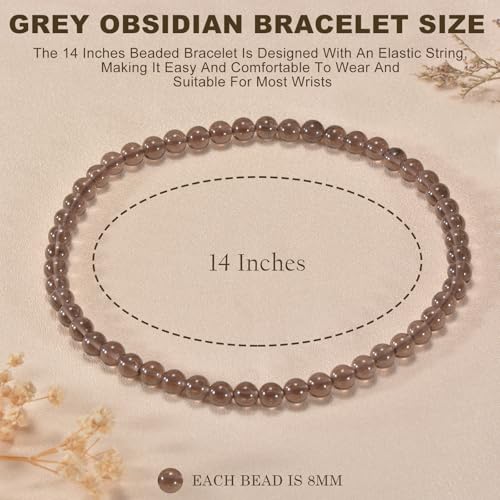 14in Agate Wrap Bracelet for Women Men Natural Round Beaded Agates Stone Healing Stretch Bracelets Elastic Handmade Polished Gemstone Beads Bracelet - color: Grey Obsidian, size: 8mm Beads