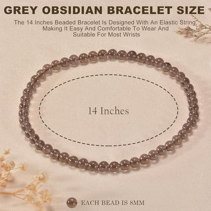 14in Agate Wrap Bracelet for Women Men Natural Round Beaded Agates Stone Healing Stretch Bracelets Elastic Handmade Polished Gemstone Beads Bracelet - color: Grey Obsidian, size: 8mm Beads