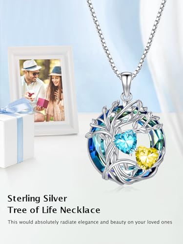 TOUPOP s925 Sterling Silver Family Celtic Tree of Life Pendant Necklaces with 2 Heart Birthstone with Blue Austrian Crystal Jewelry Birthday Valentines Day Gifts for Her, Anniversary Christmas Gifts for Wife Girlfriend Mom (18K Real White Gold Filled) - c