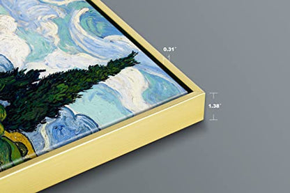 Wieco Art Framed Wall Art Canvas Prints of Wheat Field with Cypresses by Van Gogh Paintings Reproduction Abstract Artwork for Wall Decor Golden Frame - size: 16"L x 12"W