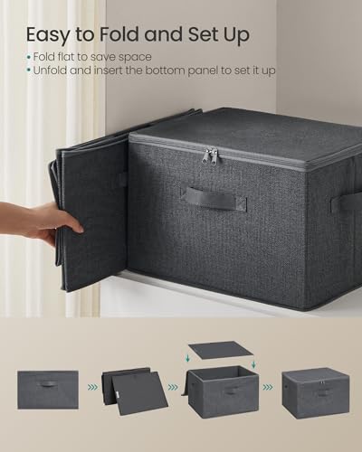 SONGMICS Foldable Storage Organizer Boxes, Set of 3 Storage Basket Bins with Lids, Handles, Clothes Organizer, 15.7 x 11.8 x 9.8 Inches, Non-Woven Fabric, Slate Gray URYZB03G
