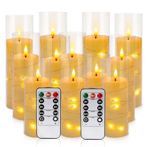 YOROXRG Flickering Flameless Candles Battery Operated with Remote,Led Pillar Candles with Realistic Moving Wick Candles for Halloween,Christmas,Home Decor Pack of 12 (D2.2 xH 5" 6" 7")(White) - color: White