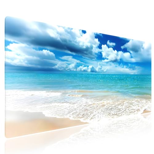 Wknoon. Extra Large Gaming & Office Mouse Pad (31.5" x 11.8") with Durable Stitched Edges – Tranquil Coastal Beach Scene with Clear Blue Waters and Puffy Clouds, Anti-Slip Base Extended XXL Desk Mat - color: Clear Blue Beach Scene