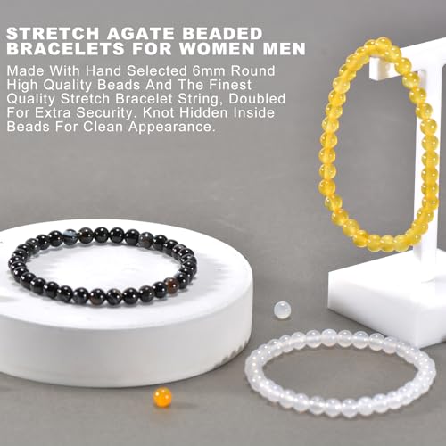 3PCS Agate Bracelet for Women Men Natural Round Beaded Agates Stone Healing Stretch Bracelets Elastic Handmade Polished Gemstone Beads Bracelet - color: Black White+Yellow+White