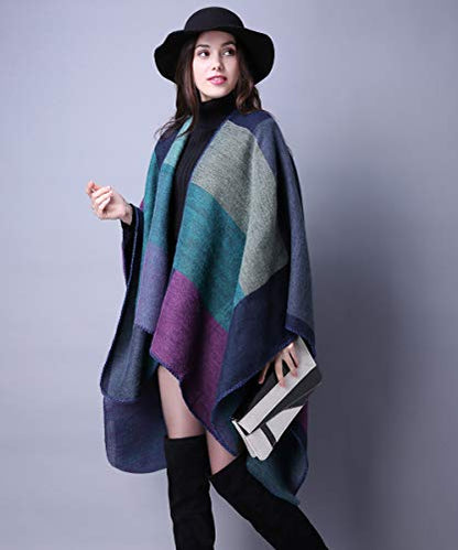 Women's Shawls and Wraps Open Front Poncho Cape Winter Sweater - color: A3-purple