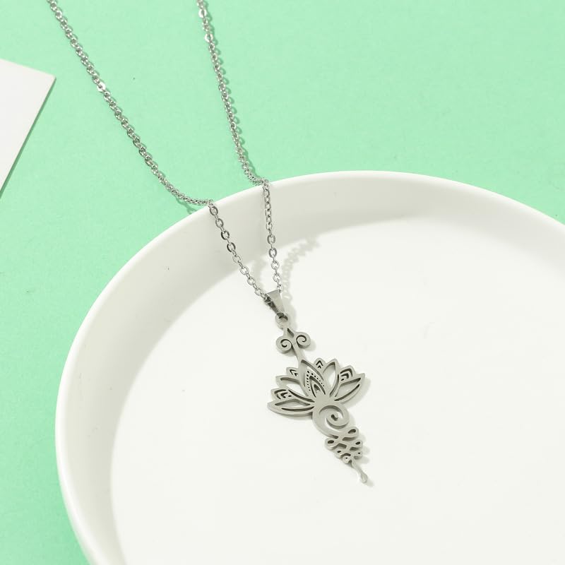 2Pcs Lotus Flower Necklace for Men Women, Vintage Alloy Hollow Meditation Jewelry, Mindfulness Calm Energy Pendant