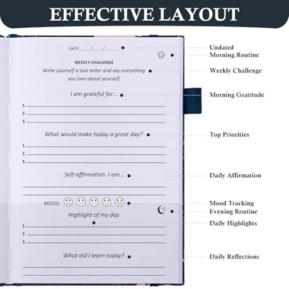 Comkiso Gratitude Journal with 4 Inspirational Stickers: Undated Daily Gratitude Journal for Women and Men - More Happiness, Affirmation, and Mindfulness in A Few Minutes with Prompts & Quotes (Peony) - color: D. Peony