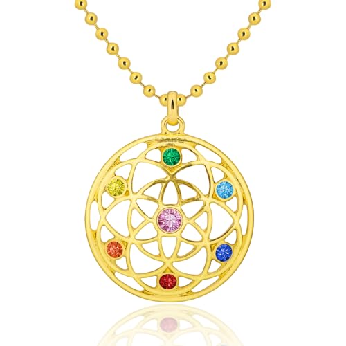 Flower of Life Necklace: 18K Gold Plated Sacred Geometry Buddhist Chakra Mandala with Diamond Pendant Necklaces Yoga Spiritual Amulet Jewelry Meditation Gift for Women Men - color: gold