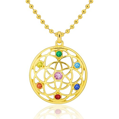 Flower of Life Necklace: 18K Gold Plated Sacred Geometry Buddhist Chakra Mandala with Diamond Pendant Necklaces Yoga Spiritual Amulet Jewelry Meditation Gift for Women Men - color: gold
