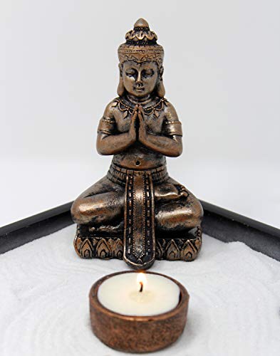 Nature's Mark Mini Zen Garden Kit for Desk with Rake, White Sand, Buddha Figures, Tea-Light Holder Black Square Base, River Rocks and Crystal (9Lx9W B)