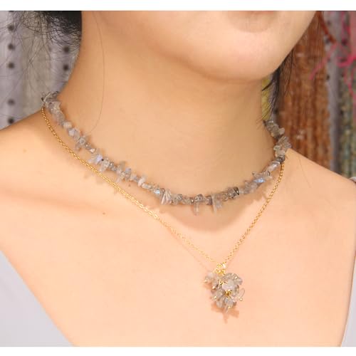 2Pcs Crystal Necklace for Women Handmade Choker Necklaces Pendant Necklace Natural Stone Gemstone Beaded Necklace 18k Gold Plated Adjustable Dainty Necklace for Women - color: Labradorite