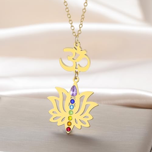 VASSAGO Lotus Flower Chakra Necklace for Women Lotus Flower Necklace 7 Chakra Pendant OM Symbol Buddha Amulet Spiritual Healing Jewelry Yoga Meditation Gift - color: Gold 2
