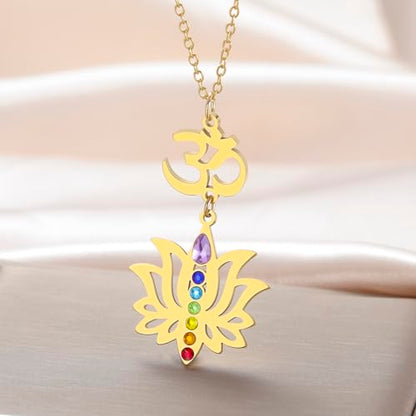 VASSAGO Lotus Flower Chakra Necklace for Women Lotus Flower Necklace 7 Chakra Pendant OM Symbol Buddha Amulet Spiritual Healing Jewelry Yoga Meditation Gift - color: Gold 2