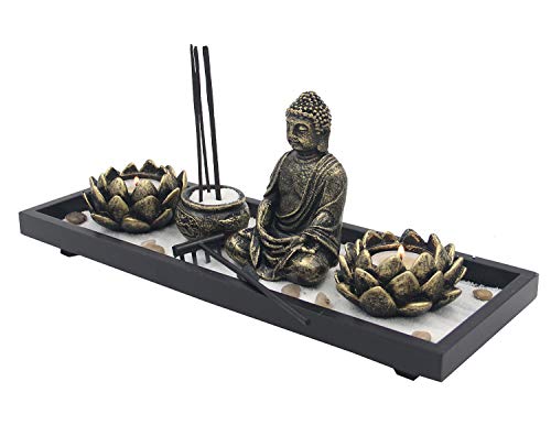 DharmaObjects Zen Garden Buddha Statue Lotus Tea Light Candle and Incense Holder Complete Set Home Décor Gift