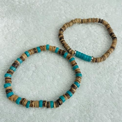 Puka Shell Bracelet for Men Wooden Bracelets Turquoise Stack Beaded Minimalist Trendy Jewelry for Friend Gift - style: 2pcs-Brown Blue