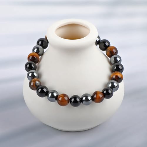 LPBeads Handmade Natural Gemstone Stretch Elastic Bracelet Healing Crystal Round Stone Beads Jewelry Gifts for Women Men - color: Onyx Tiger Hematite Mixed, size: 8mm