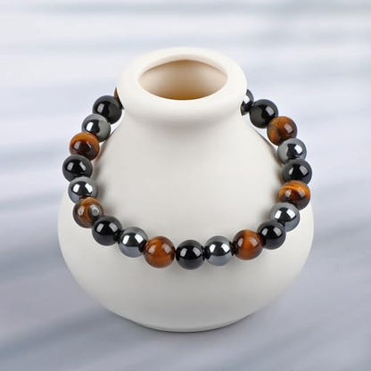 LPBeads Handmade Natural Gemstone Stretch Elastic Bracelet Healing Crystal Round Stone Beads Jewelry Gifts for Women Men - color: Onyx Tiger Hematite Mixed, size: 8mm