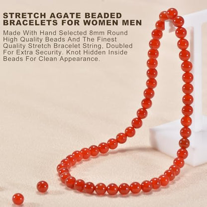 14in Agate Wrap Bracelet for Women Men Natural Round Beaded Agates Stone Healing Stretch Bracelets Elastic Handmade Polished Gemstone Beads Bracelet - color: Red Agate, size: 8mm Beads
