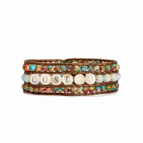 YGLINE Boho Handmade Natural Stone Bead 3 Row Wide Wrap Wrist Statment Bracelet Jewelry Collection - color: customer made-jasper