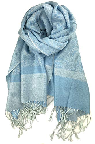 Plum Feathers Two Tone Vintage Paisley Pattern Pashmina Scarf - color: Baby Blue Silver Paisley