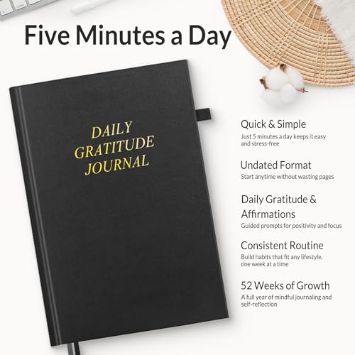 SUNEE Daily Gratitude Journal – 52 Weeks Simple 5 Minute Journal for Daily Reflection, Build Positivity and Mindfulness, Undated Minimalist Planner for Women & Men (Black)