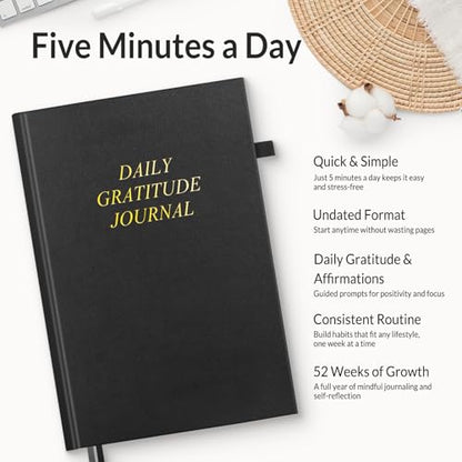 SUNEE Daily Gratitude Journal – 52 Weeks Simple 5 Minute Journal for Daily Reflection, Build Positivity and Mindfulness, Undated Minimalist Planner for Women & Men (Black)